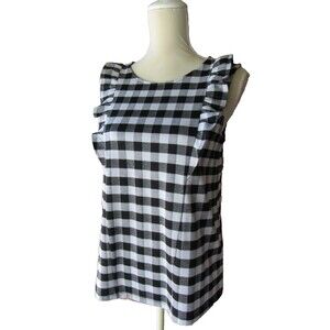 Ann Taylor Gingham Ruffle Blouse Womens M  Black White Workwear Preppy Cottage